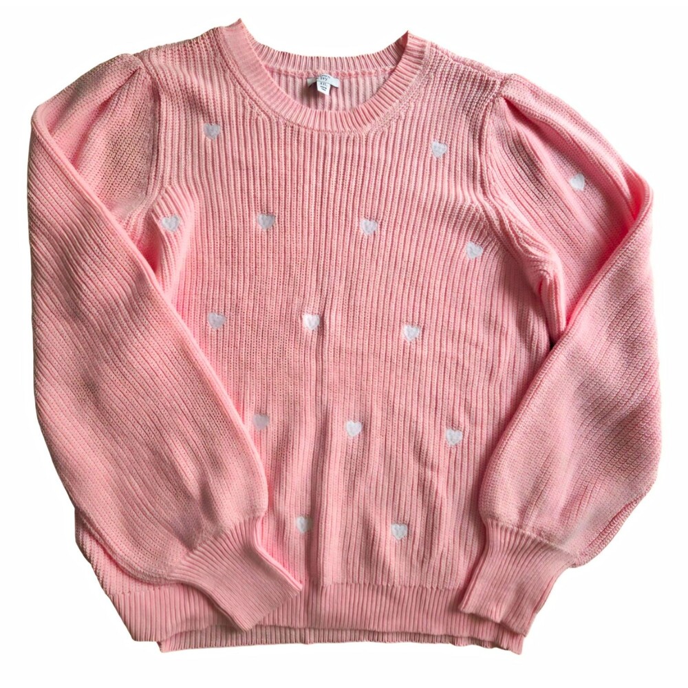 Crown & Ivy Women's Plus 2XL Pink/White Heart Knit Crew Neck Pullover Sweater